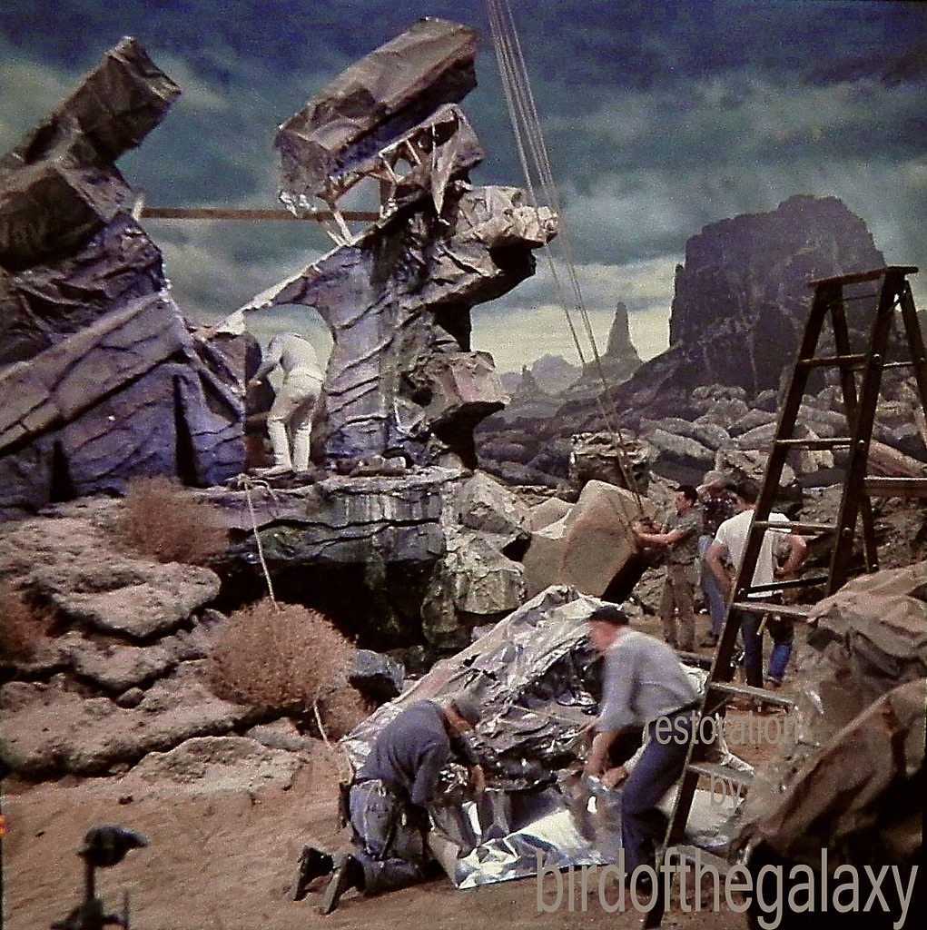 This shot shows the construction of the set used for the filming of the original 1964 pilot The Cage.