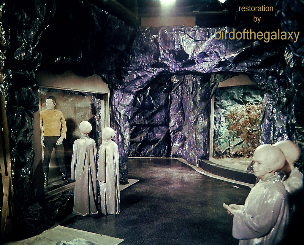 From the filming of The Cage, this shot shows the set of the subterranean “cage” area where Captain Pike was held by his Talosian captors.