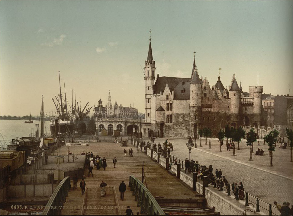 View of the Steen with the port, Antwerp, Belgium