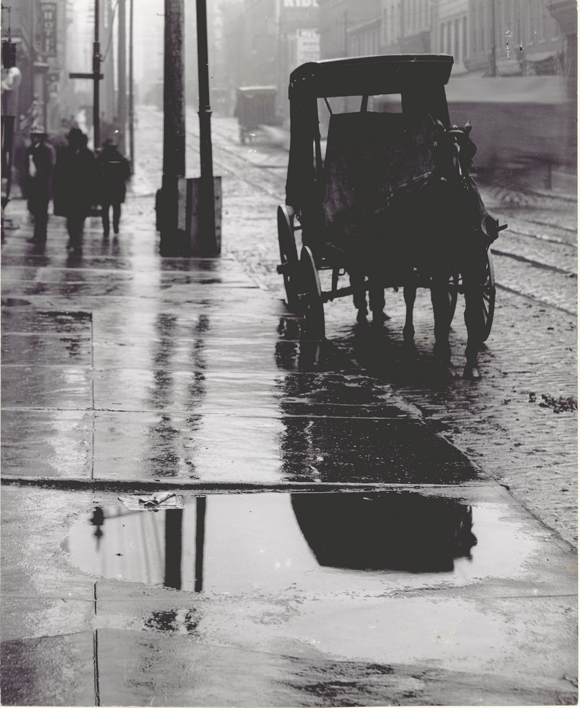 Horse-drawn cart stopped at the curb of a street in St.Louis, ca. 1900s