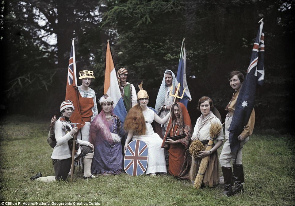 Characters in a pageant - Britannia and her colonies and dependencies - on the grass in Southampton in 1928