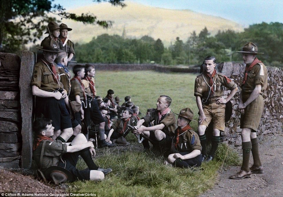 English Boy Scouts on a hike stop for a rest near Ambleside, north-west of Windermere in Cumbria in 1929