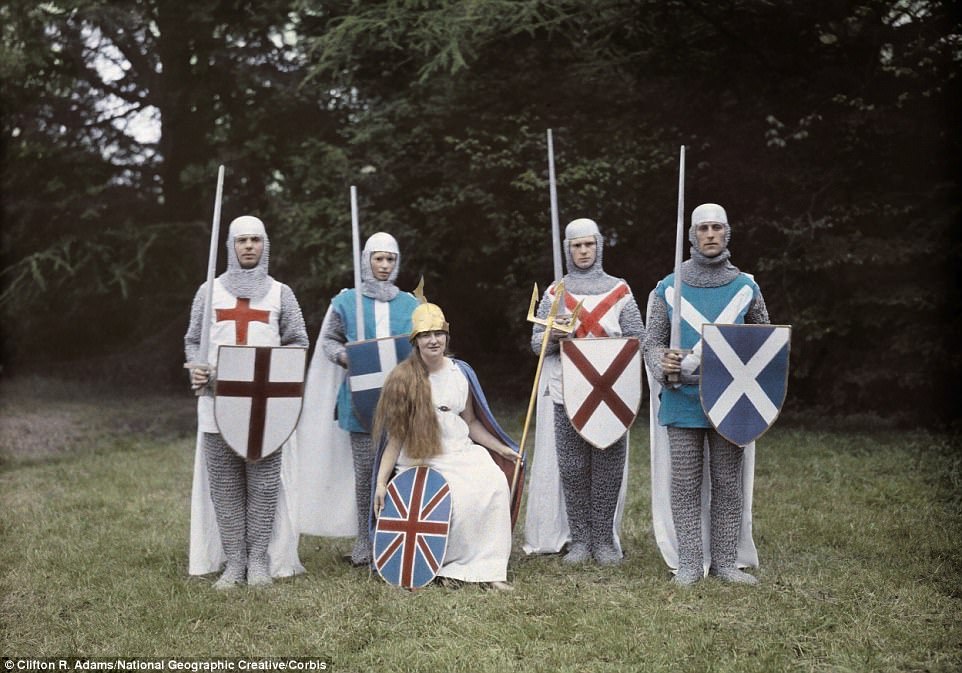 Actors dress for a pageant as Britannia and her four knights as they pose for a photo in Southampton, Hampshire, 1928