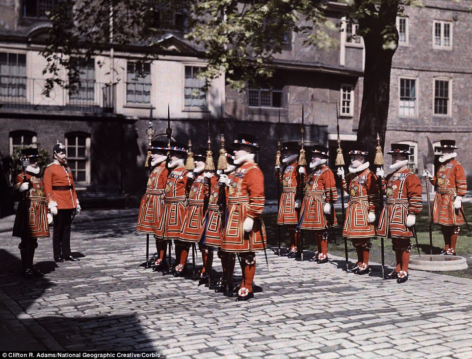 A part of the company of Yeomen preparatory, known as Beefeaters, at the Tower of London