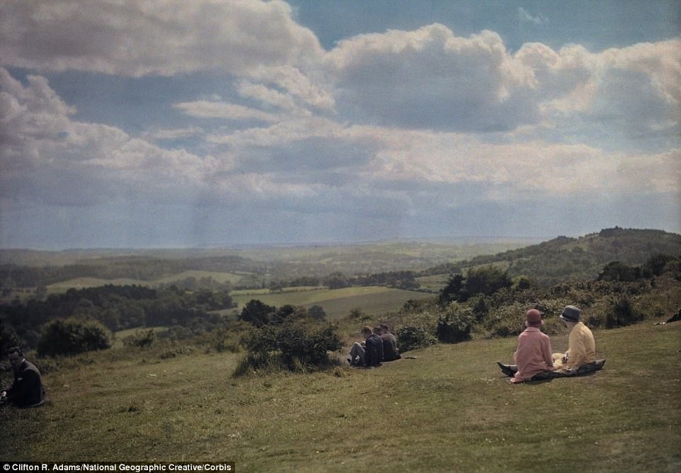 Locals enjoy the view of the Surrey Hills, in 1928
