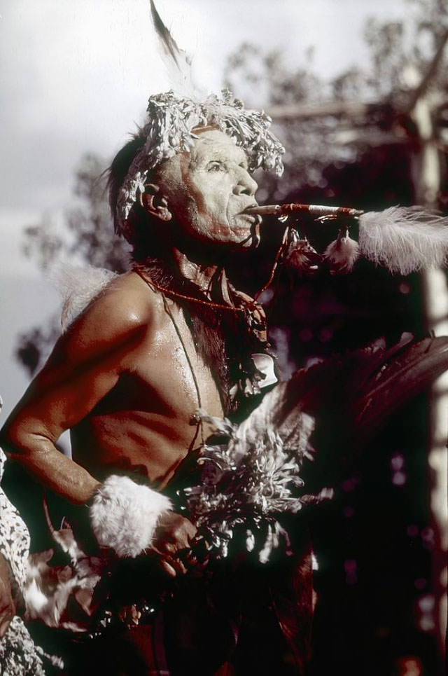 A Native American (possibly from the Lakota Sioux tribe) blows Eagle bone Whistles while participating in the Sun Dance.