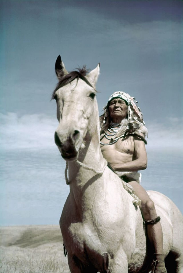 A Native American chief poses for a photo on his horse.