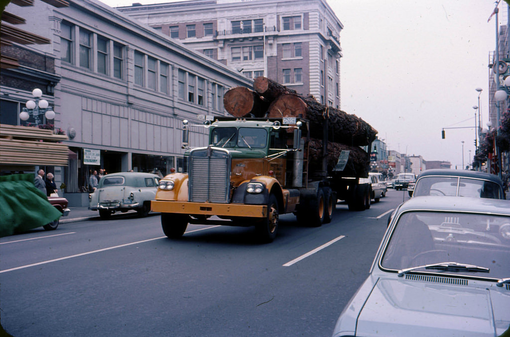 Logging truck on a street in Vancouver, 1964
