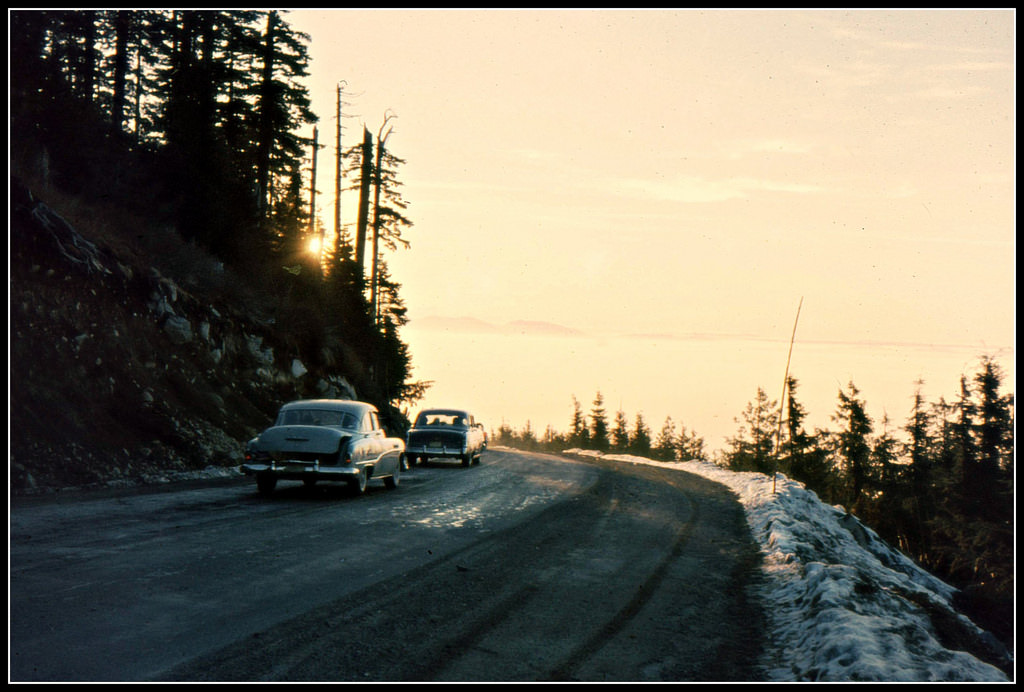 Driving into clouds on Mt Seymour, Vancouver, 1960