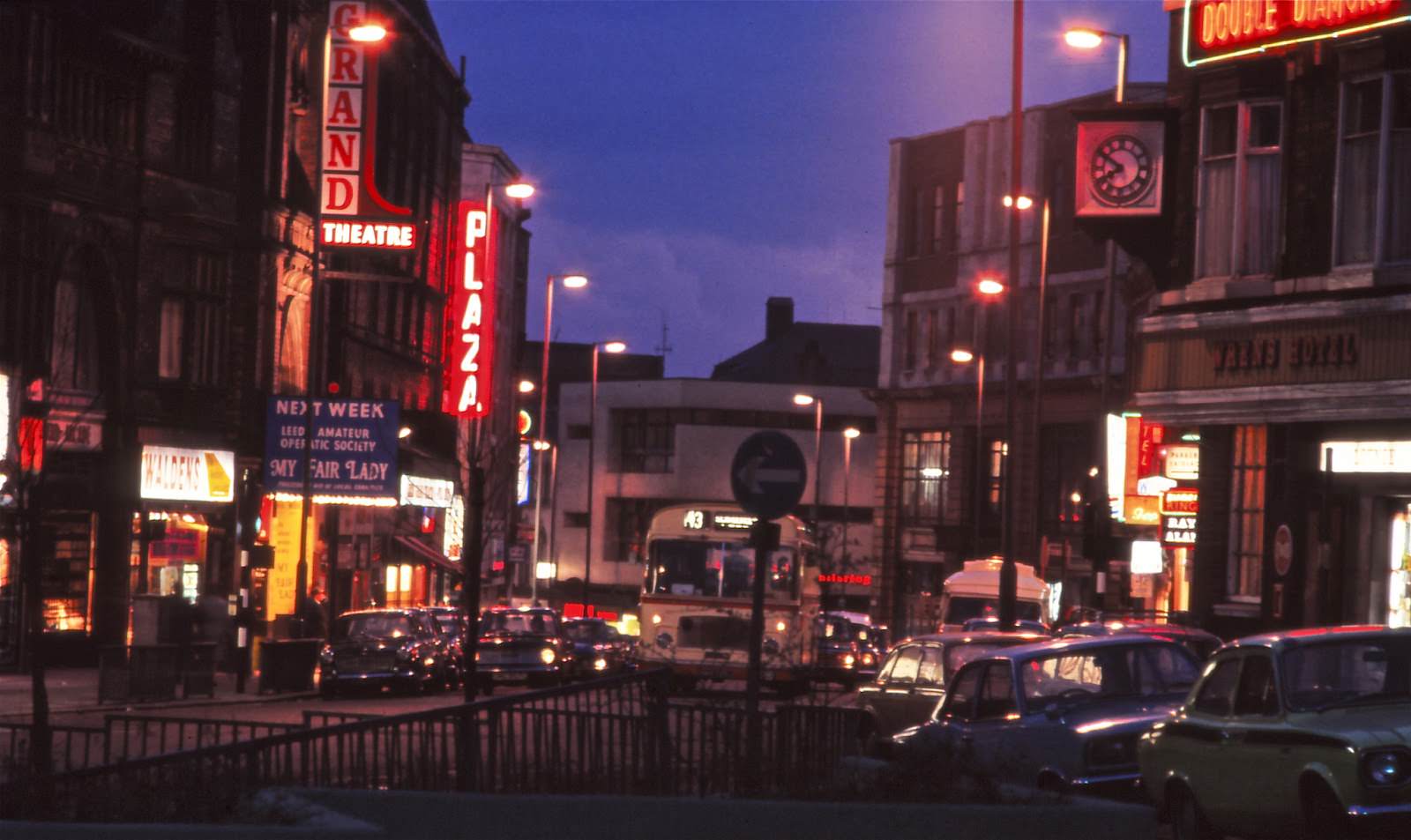 Theatreland, Upper Briggate. The coach would've been operated by the splendidly named West Yorkshire Road Car Company.