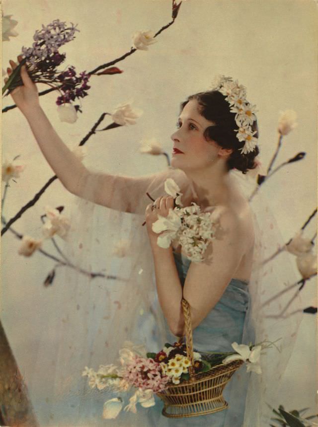 Greek gods and goddesses theme party, March 5th, 1935. Lady Anne Rhys poses as the goddess Flora