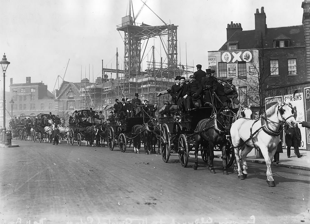 A group of Everton supporters outside St Paul’s Cathedral, London, before making their way to Crystal Palace for the FA Cup final between Everton and Newcastle United, which Everton won 1-0, 1906