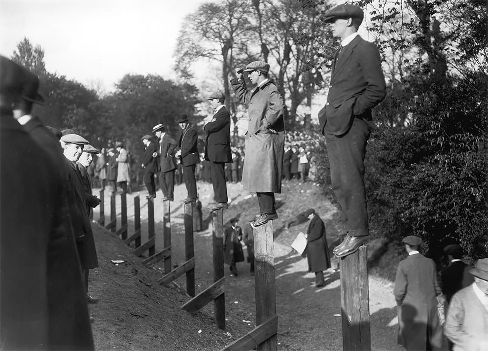 Football fans find a novel way of watching the Burnley vs Liverpool FA Cup Final at Crystal Palace in south London. Burnley won 1-0, 1914