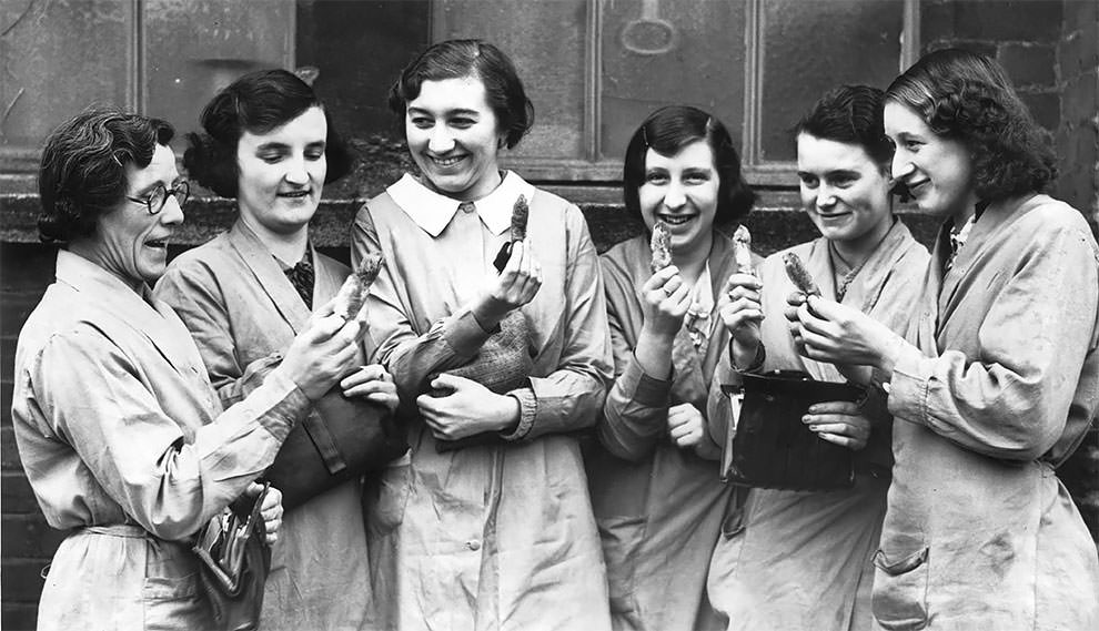 Yeovil factory workers who support Yeovil football club, with their rabbits’ feet which they hope will bring their team luck in their FA cup match against Sheffield Wednesday, 11th January 1939