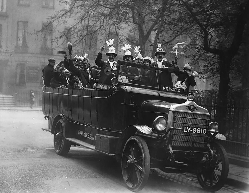 A private bus load of football fans on their way to the newly completed stadium at Wembley for the FA Cup final between West Ham United and Bolton Wanderers, 28th April 1923