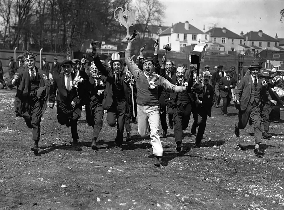 West Ham United supporters arrive at Wembley, London, for the first FA Cup Final to be held there, between West Ham and Bolton Wanderers. West Ham would lose the final 2-0, 1923