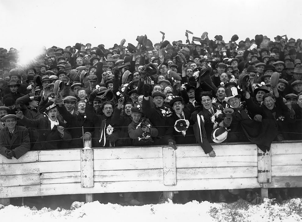 Arsenal supporters cheering during the FA Cup Tie match against Swindon Town, 16th February 1929