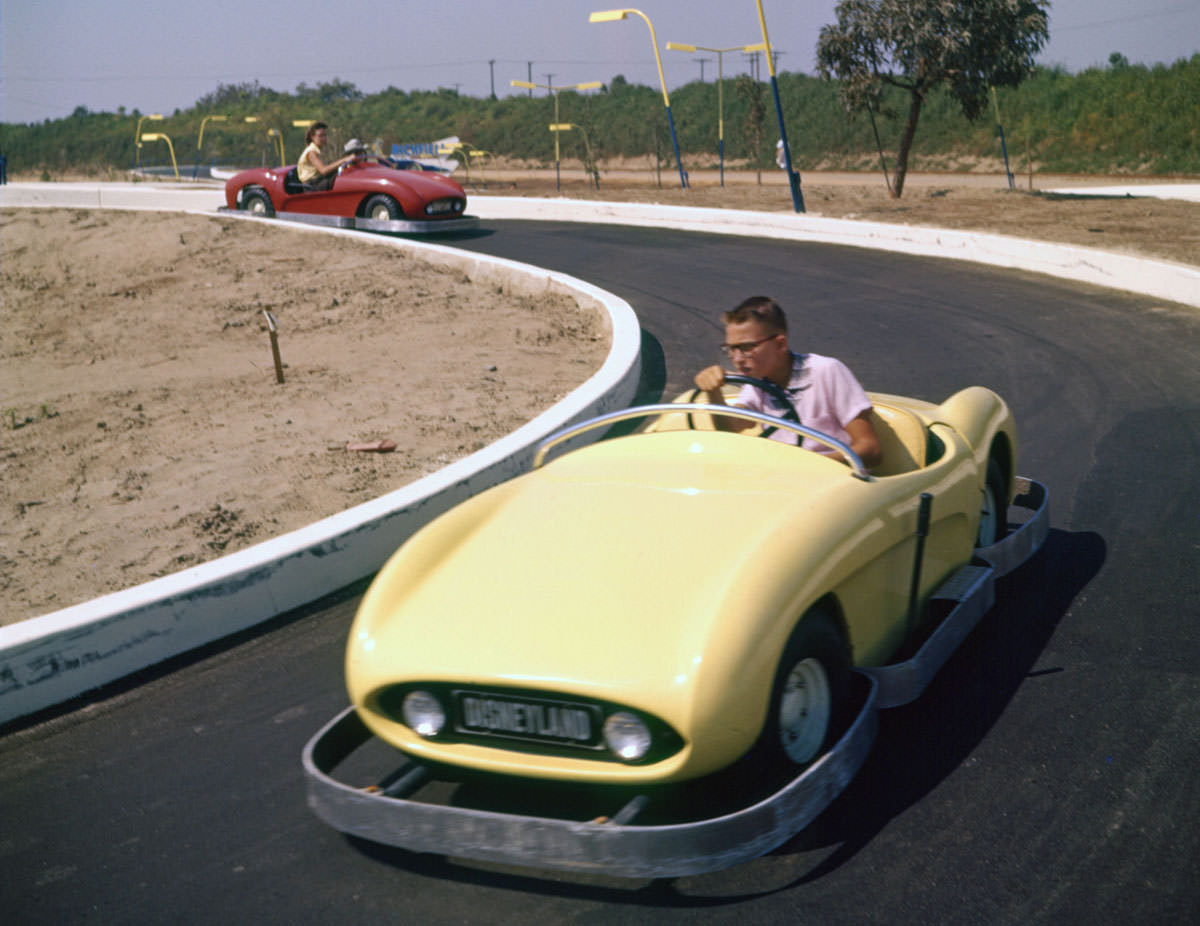 Guests enjoy the Autopia attraction on July 17, 1955