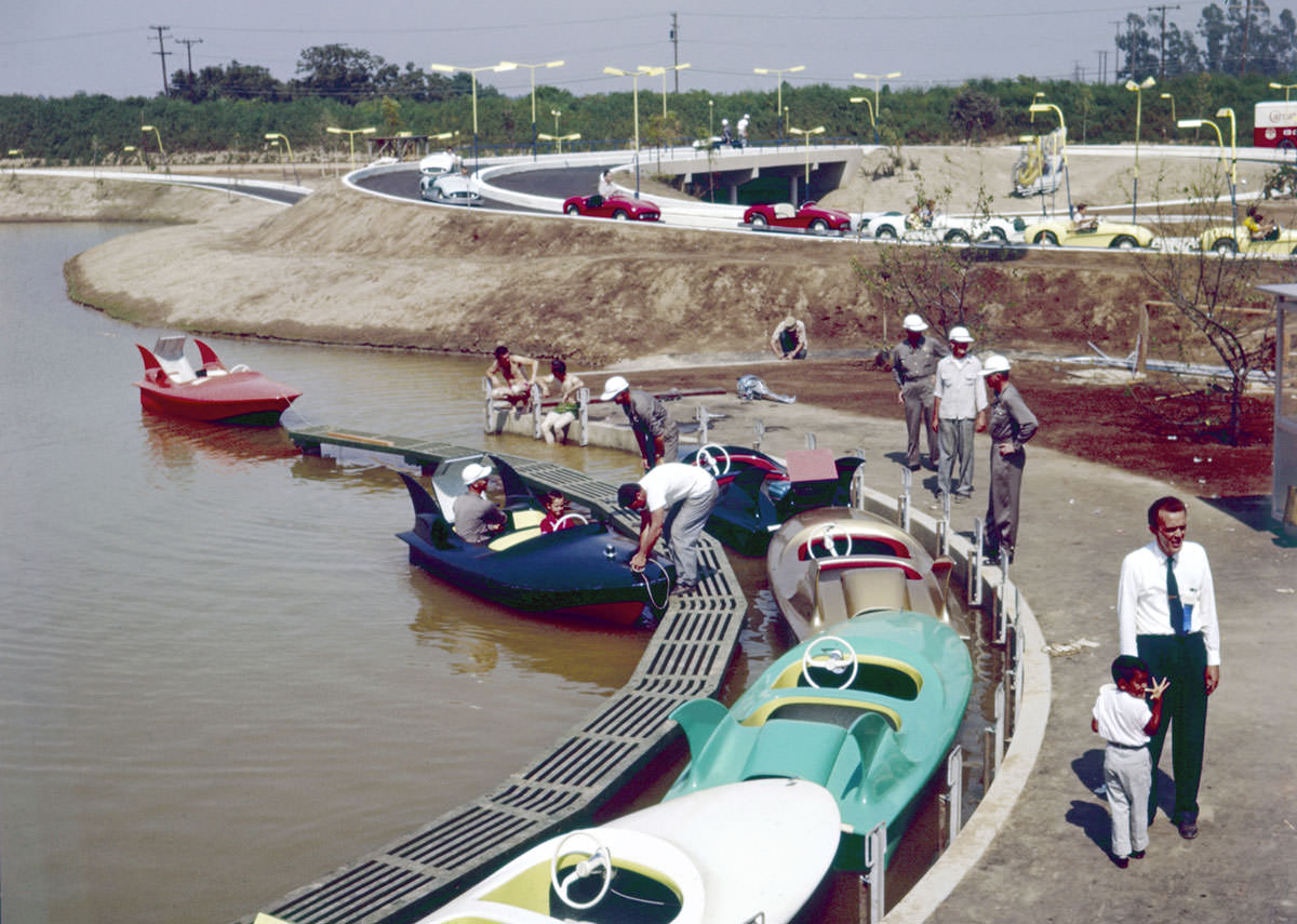 A view of the Tomorrowland Boats (renamed the Phantom Boats) attraction at Disneyland in July 1955. The attraction lasted only from the park's opening until 1956