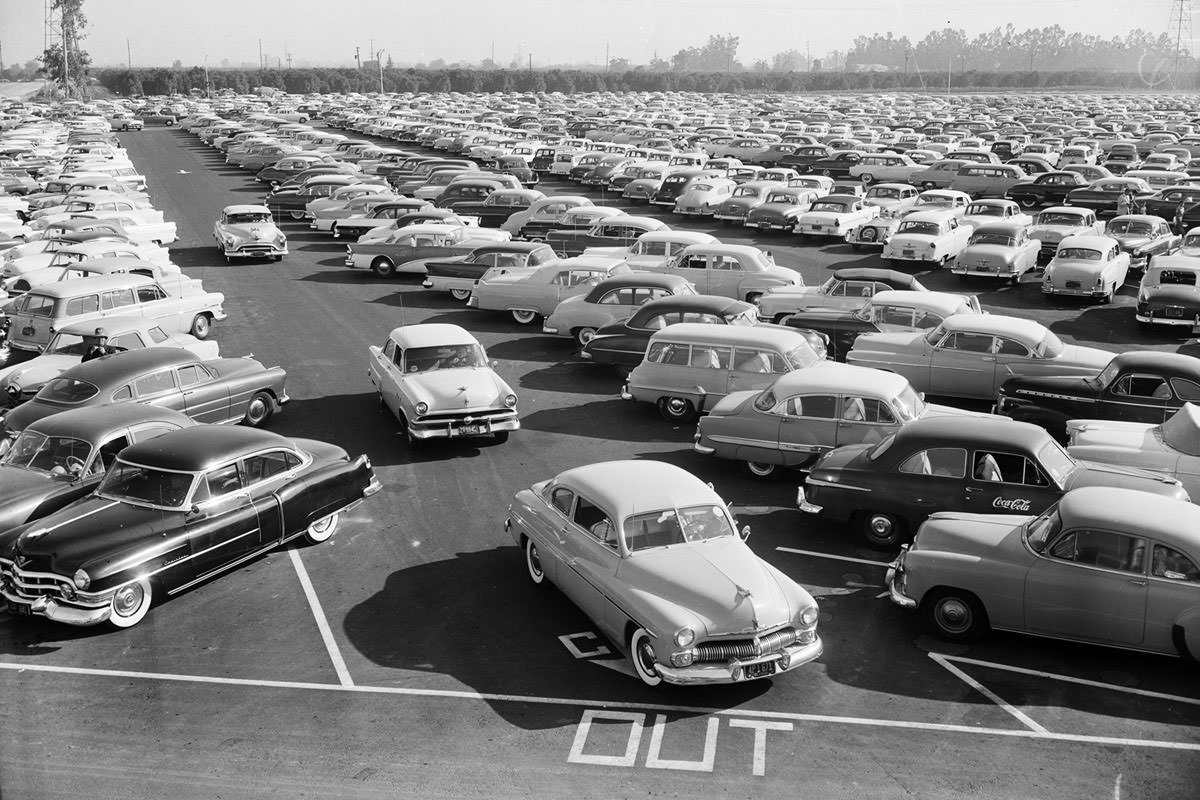 The Disneyland parking lot, full on opening day, July 17, 1955