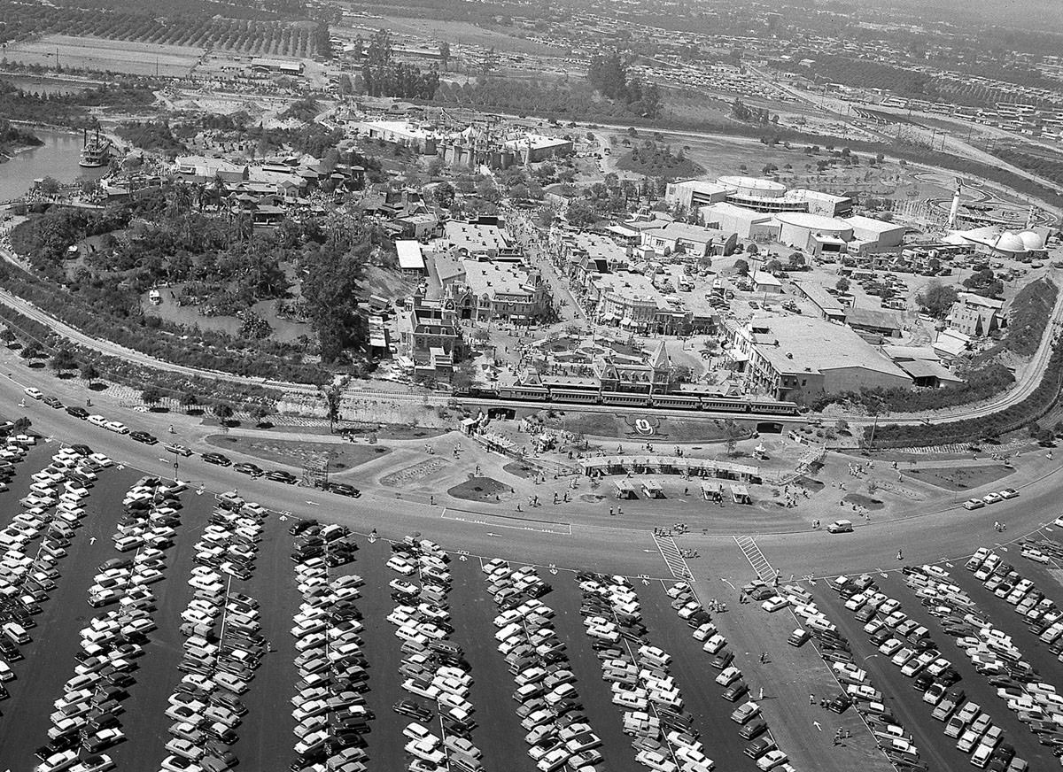 An aerial view shows Disneyland as guests attend opening-day festivities in Anaheim, California, on July 17, 1955