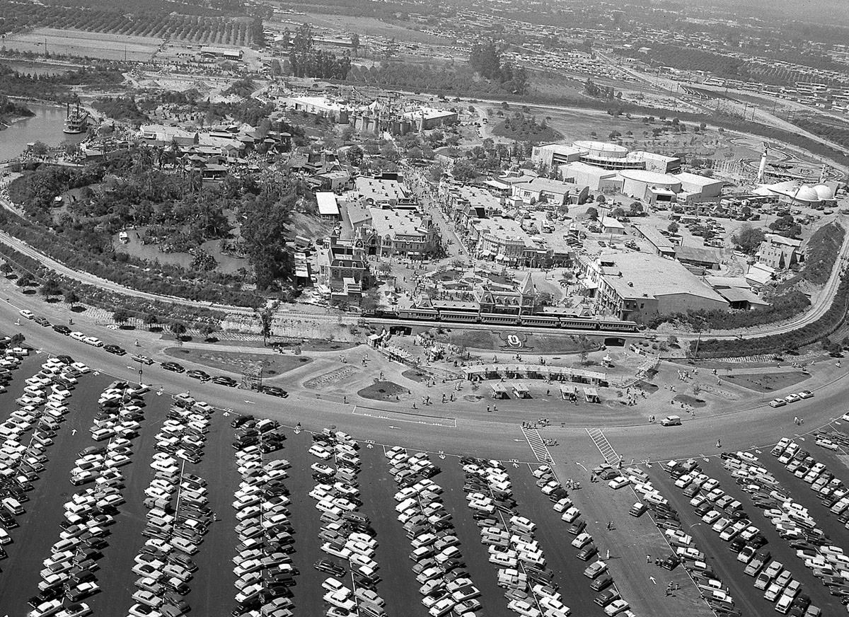 An aerial view shows Disneyland as guests attend opening-day festivities in Anaheim, California, on July 17, 1955