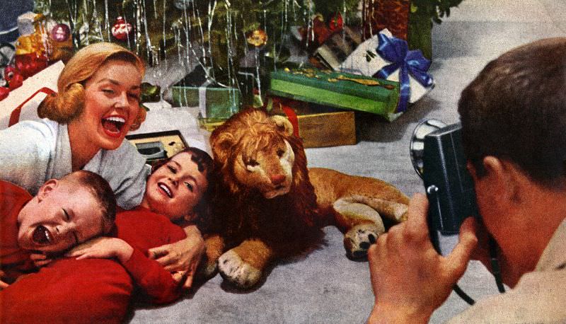Happy Family Lion Christmas. From an advertisement for Kodak appearing in the December 1, 1958 issue of LIFE