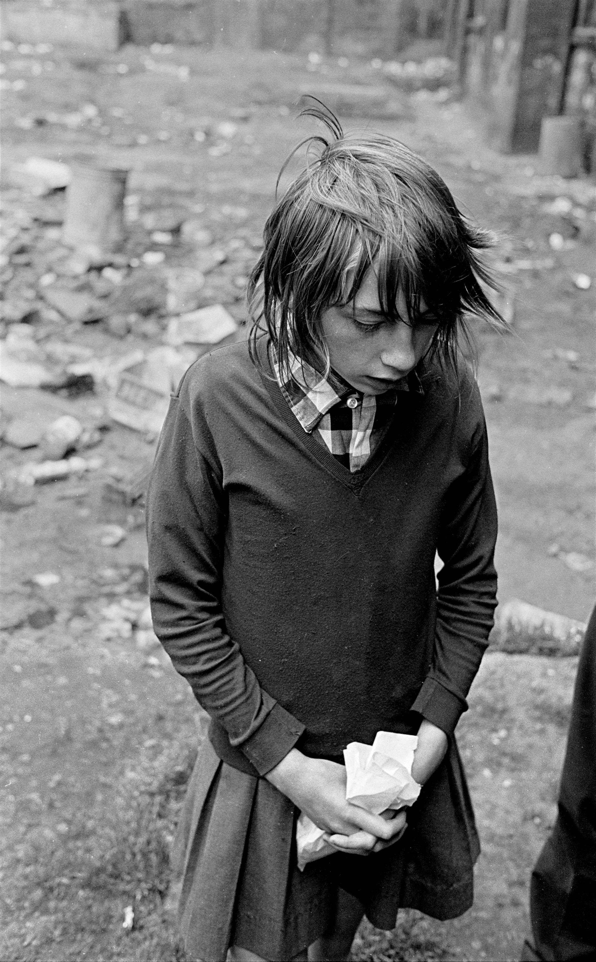School girl in a Glasgow tenement courtyard 1971