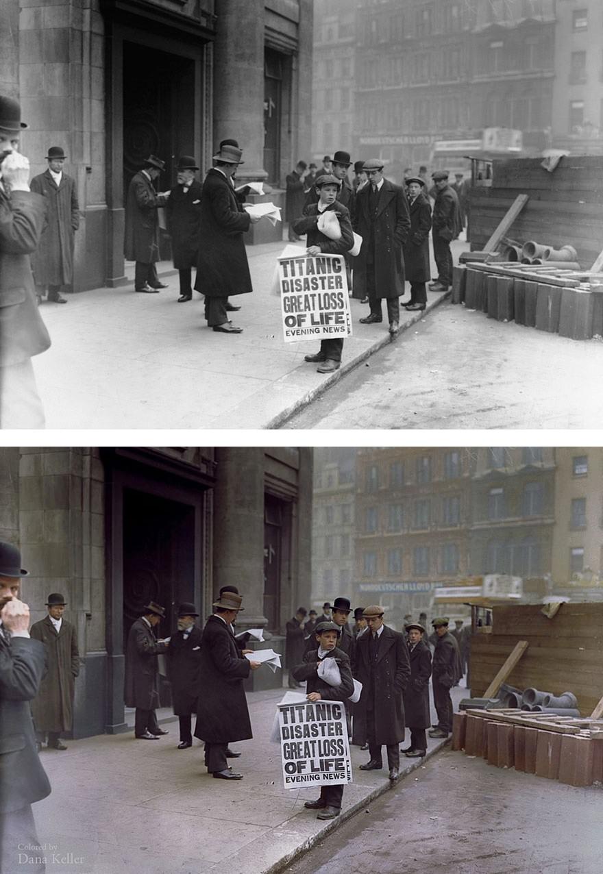 Newspaper boy Ned Parfett sells copies of the evening paper bearing news of Titanic’s sinking the night before. (April 16, 1912)