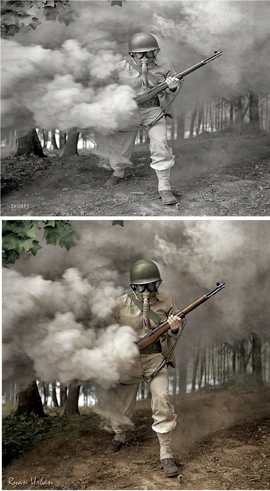 Sergeant George Camblair practicing with a gas mask in a smokescreen – Fort Belvoir, Virginia, 1942