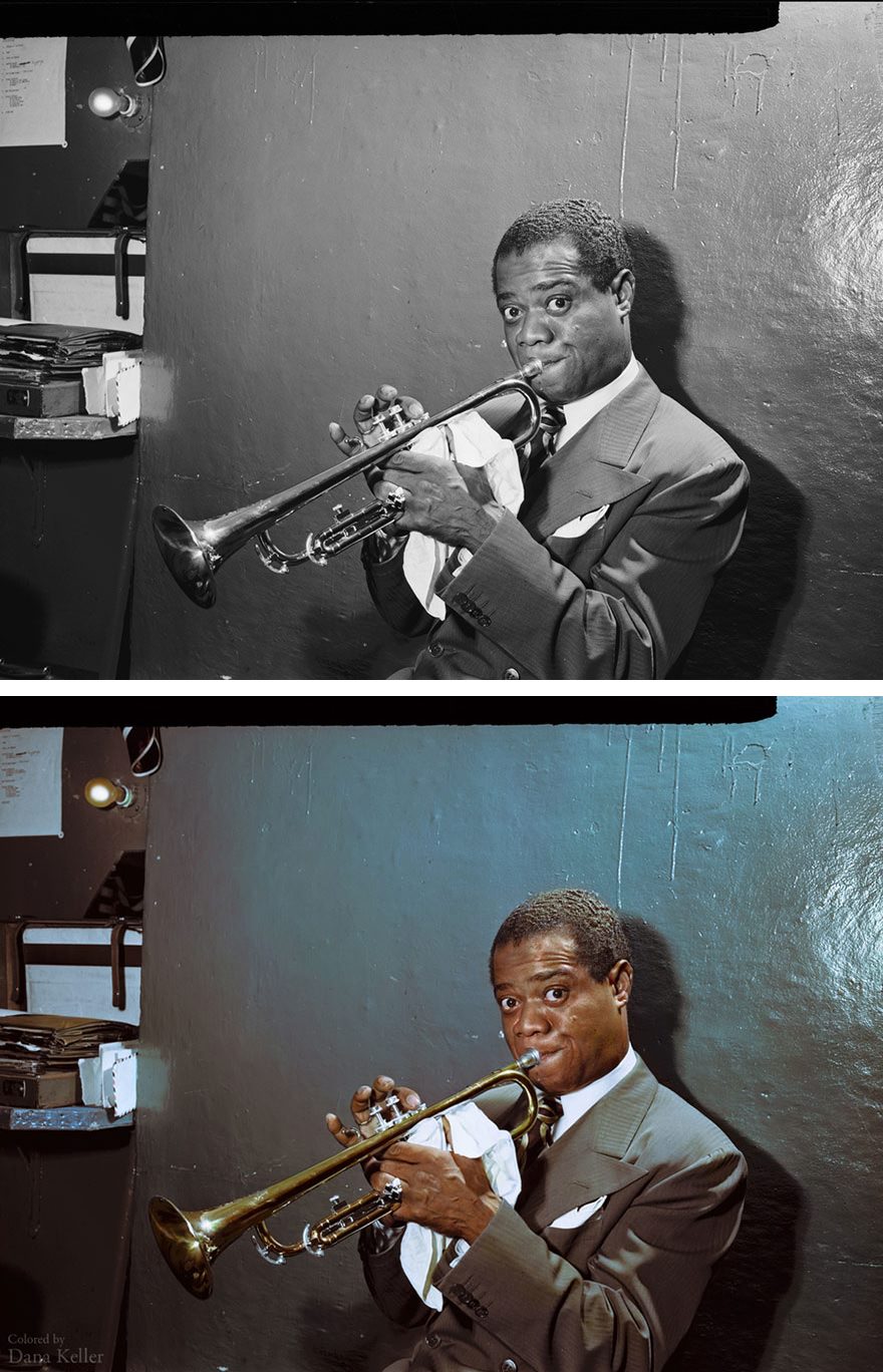 Louis Armstrong practicing in his dressing room, ca 1946