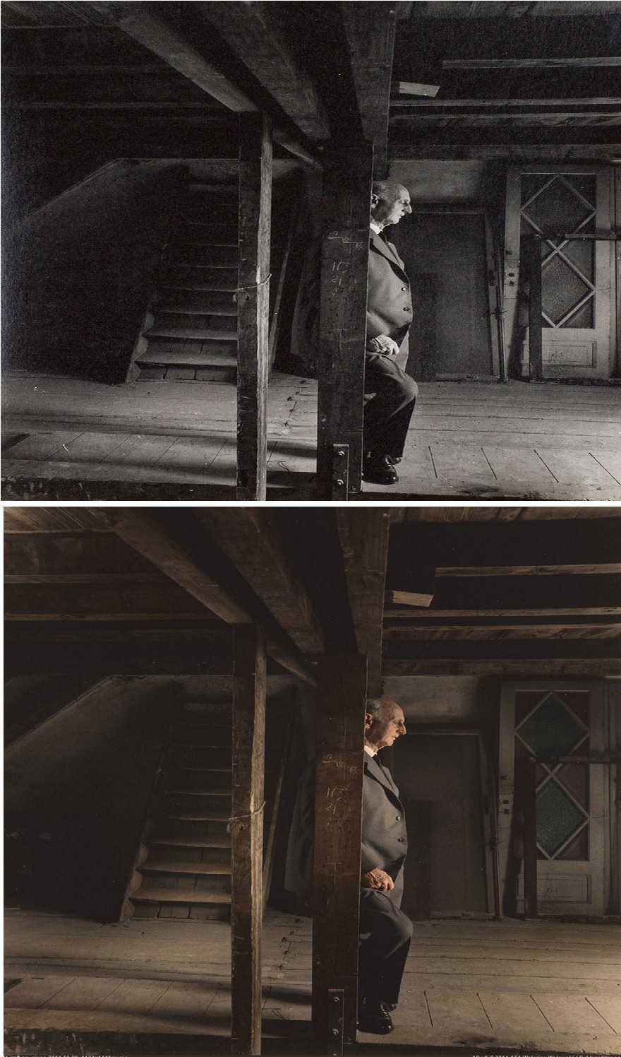 Otto Frank, Anne Frank’s father and the only surviving member of the Frank family revisiting the attic they spent the war in, 3 May 1960