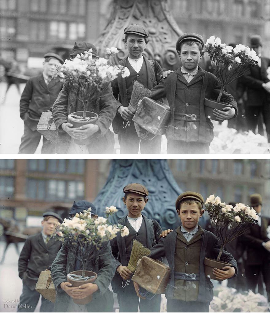 Boys after buying Easter flowers in Union Square, New York, April 1908