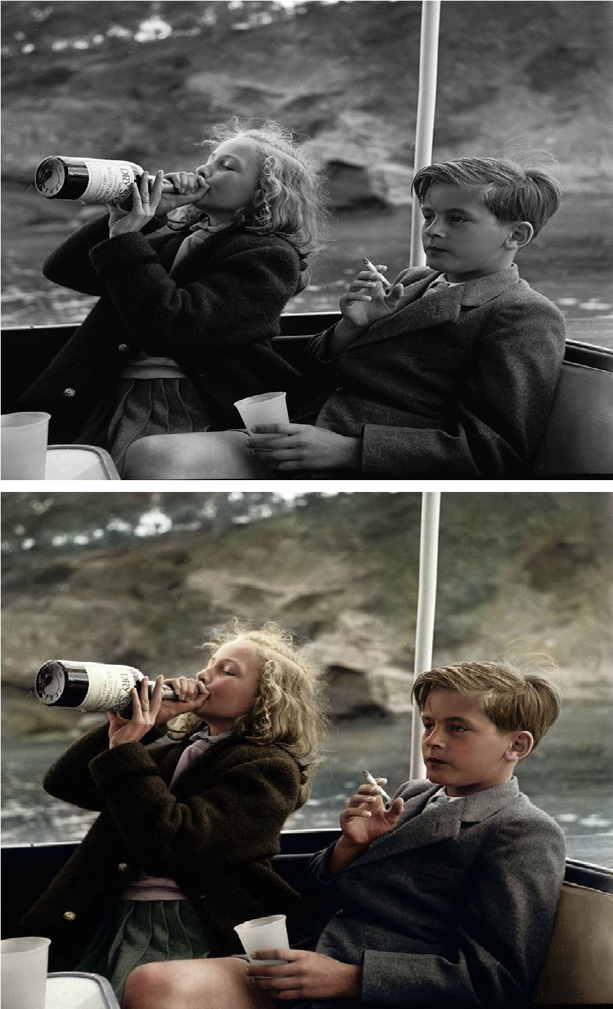 Yvonne (13) and Alexander (12) Sayn-Wittgenstein-Sayn take drink and smoke on yacht near Majorca