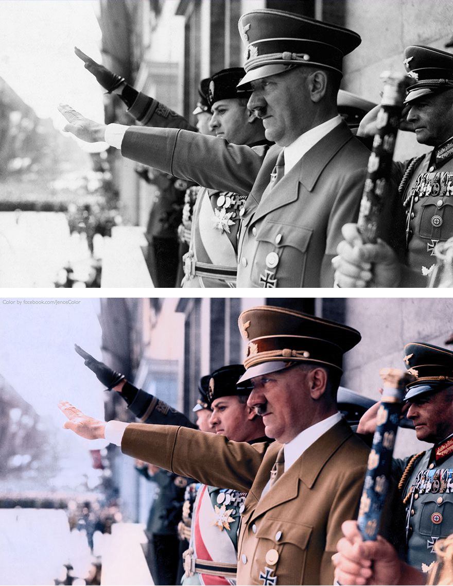 Adolf Hitler with Mussolini’s son-in-law and Joachim von Ribbentrop, attend a Nazi Party rally, ca 1930s