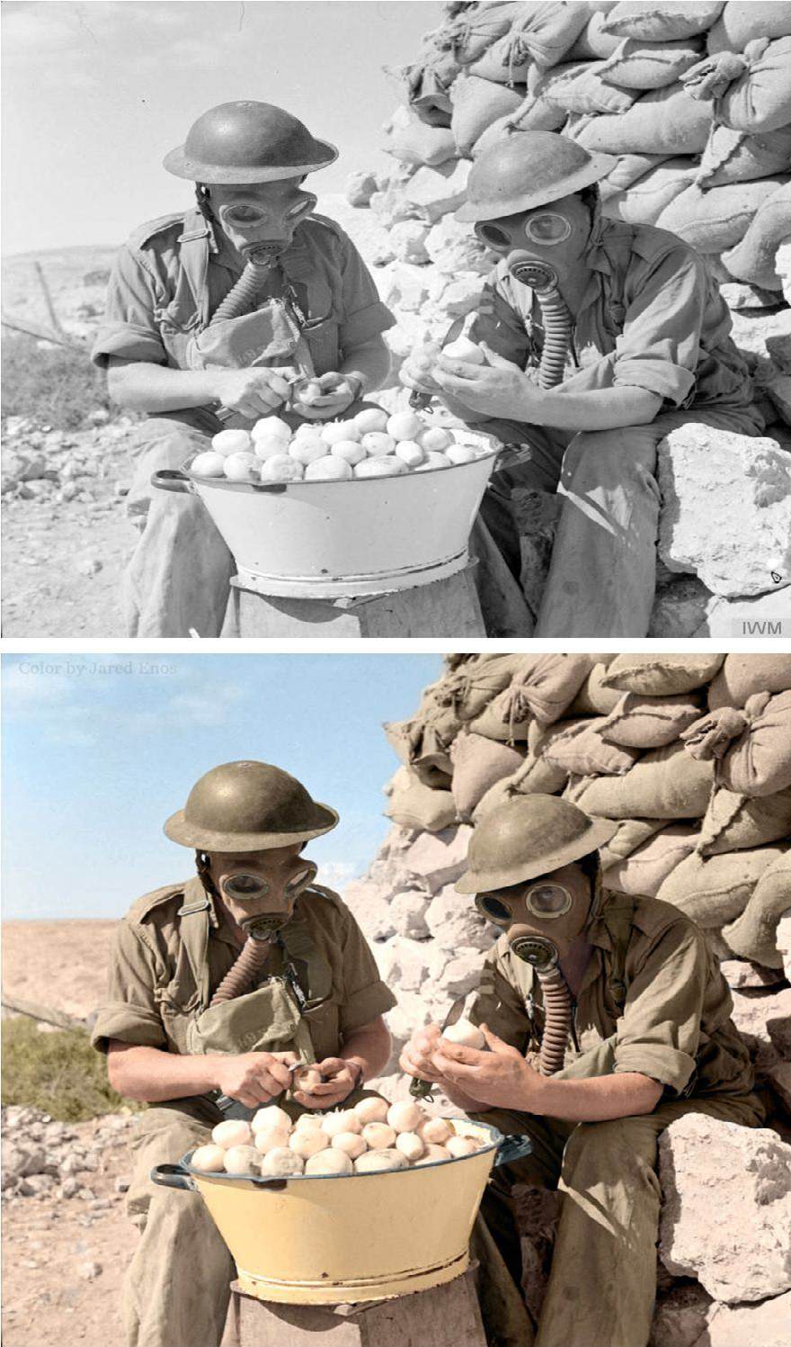 Soldiers wearing gas masks while peeling onions at Tobruk, October 15, 1941