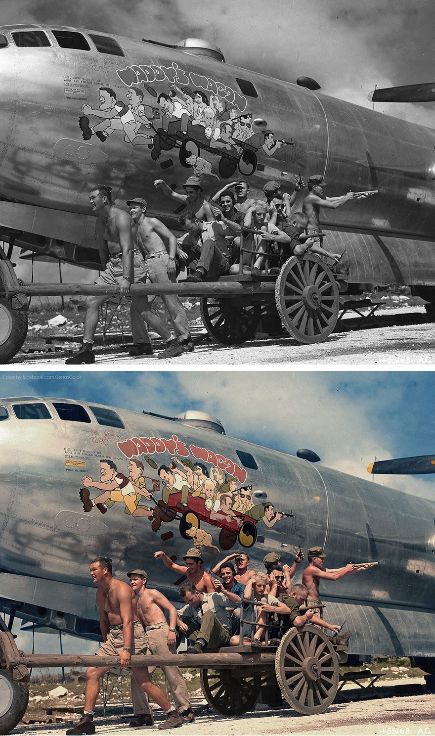 Captain Walter “Waddy” Young and his crew pose in front of their caricatures on their B-29 Superfortress, November 24, 1944