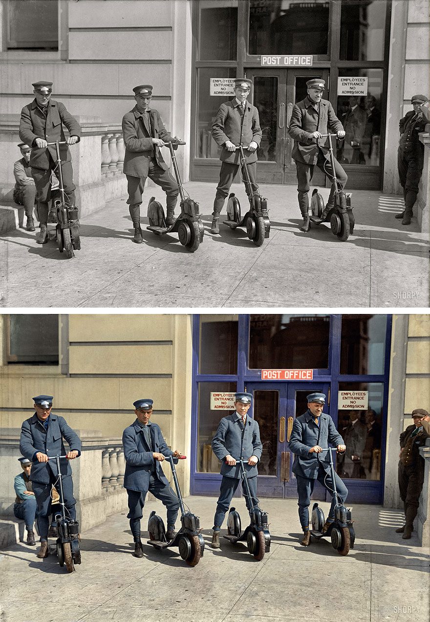 Post officers show off their brand-new “Autopeds” scooters, Washington, D.C., 1917