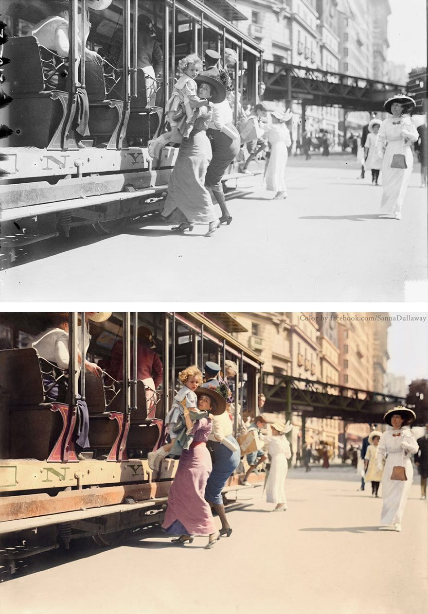 Slice of life! A mother helps her child off the trolley on a Broadway in New York City, July, 1913