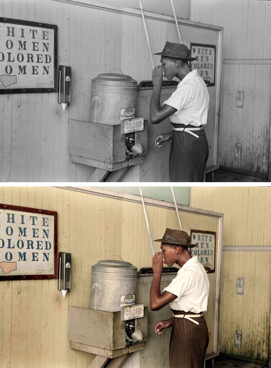 Black man drinking at ‘Colored’ water cooler in streetcar terminal, Oklahoma City, Oklahom ca July, 1939