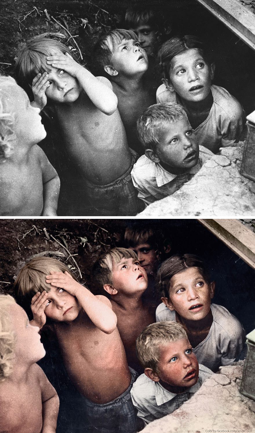 Children watch as their neighborhood is bombed in Minsk, Belorussia. The bombing was part of Operation Barbarossa. June, 1941
