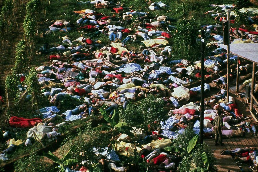 An aerial shot of the mass suicide of the religious cult, The Peoples Temple led by Jim Jones, 1978, Jonestown, Guyana.
