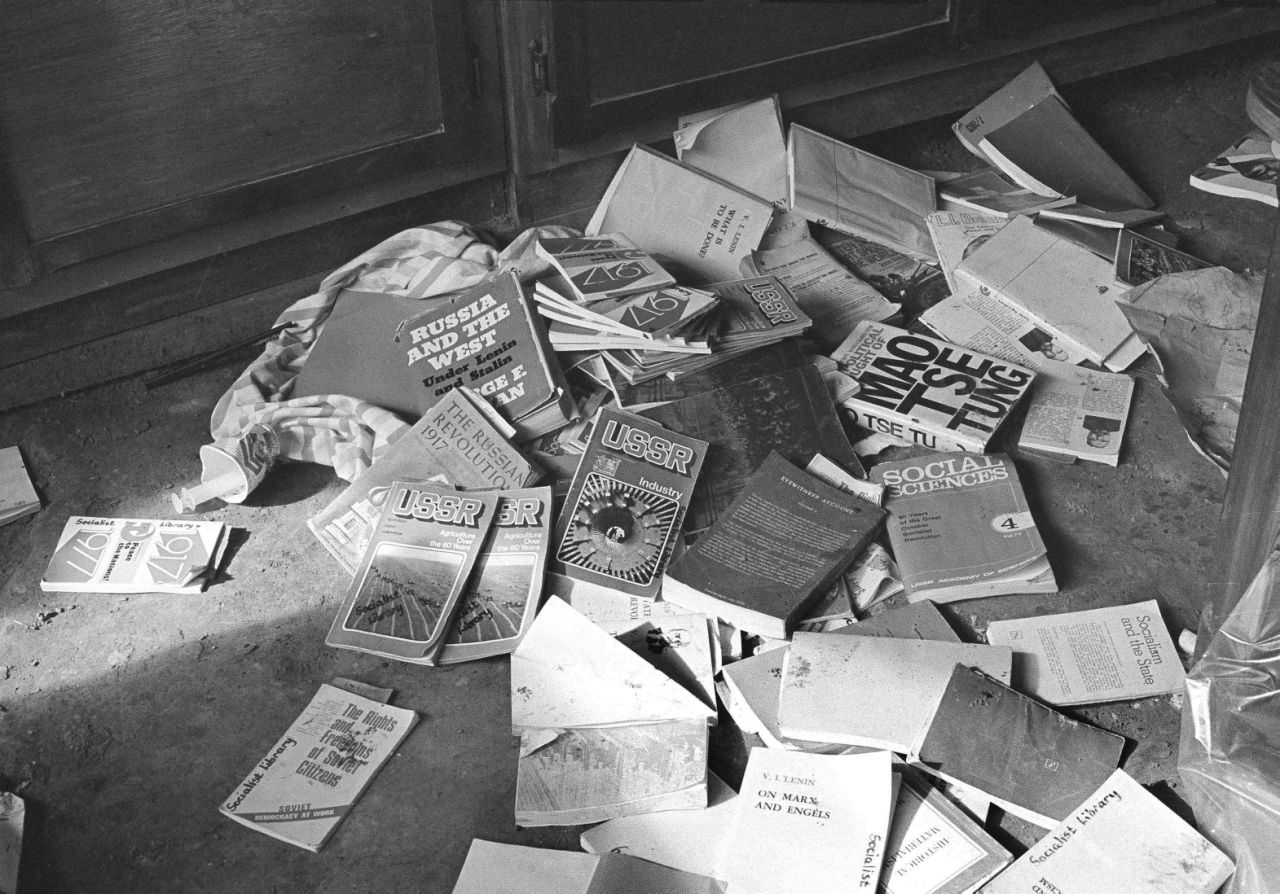 Communist literature litters the floor of the library at Jonestown, Guyana, Nov. 27, 1978.