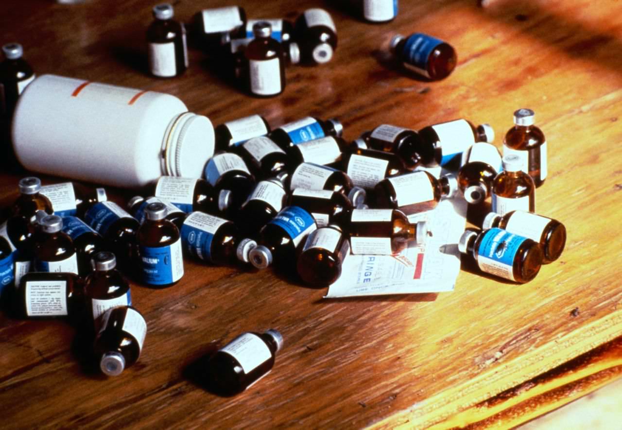 Bottles of poison which belonged to members of the Peoples Temple cult, who participated in a mass suicide, Nov. 18, 1978, in Jonestown, Guyana.