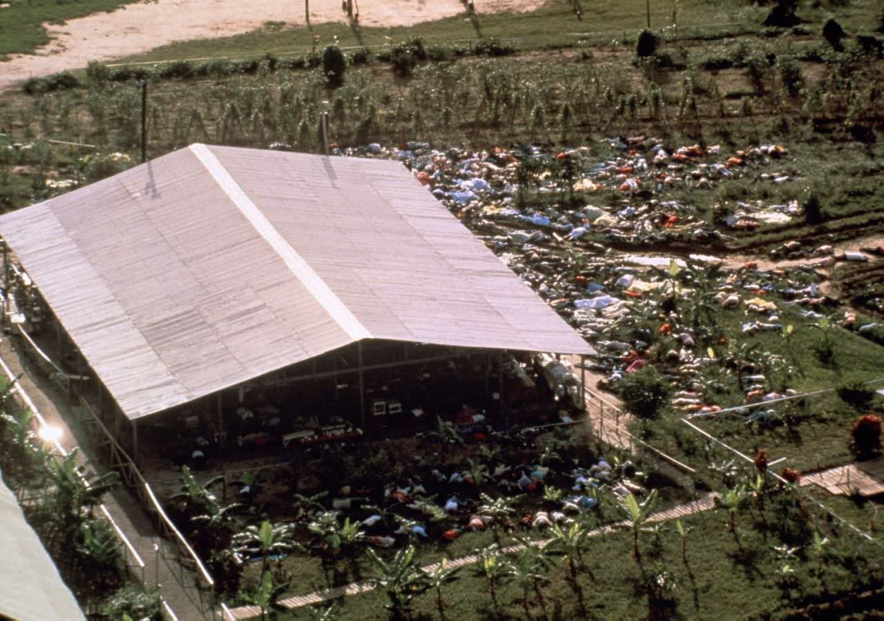 Dead bodies lie near the compound of the People’s Temple cult on Nov. 18, 1978 in Jonestown, Guyana