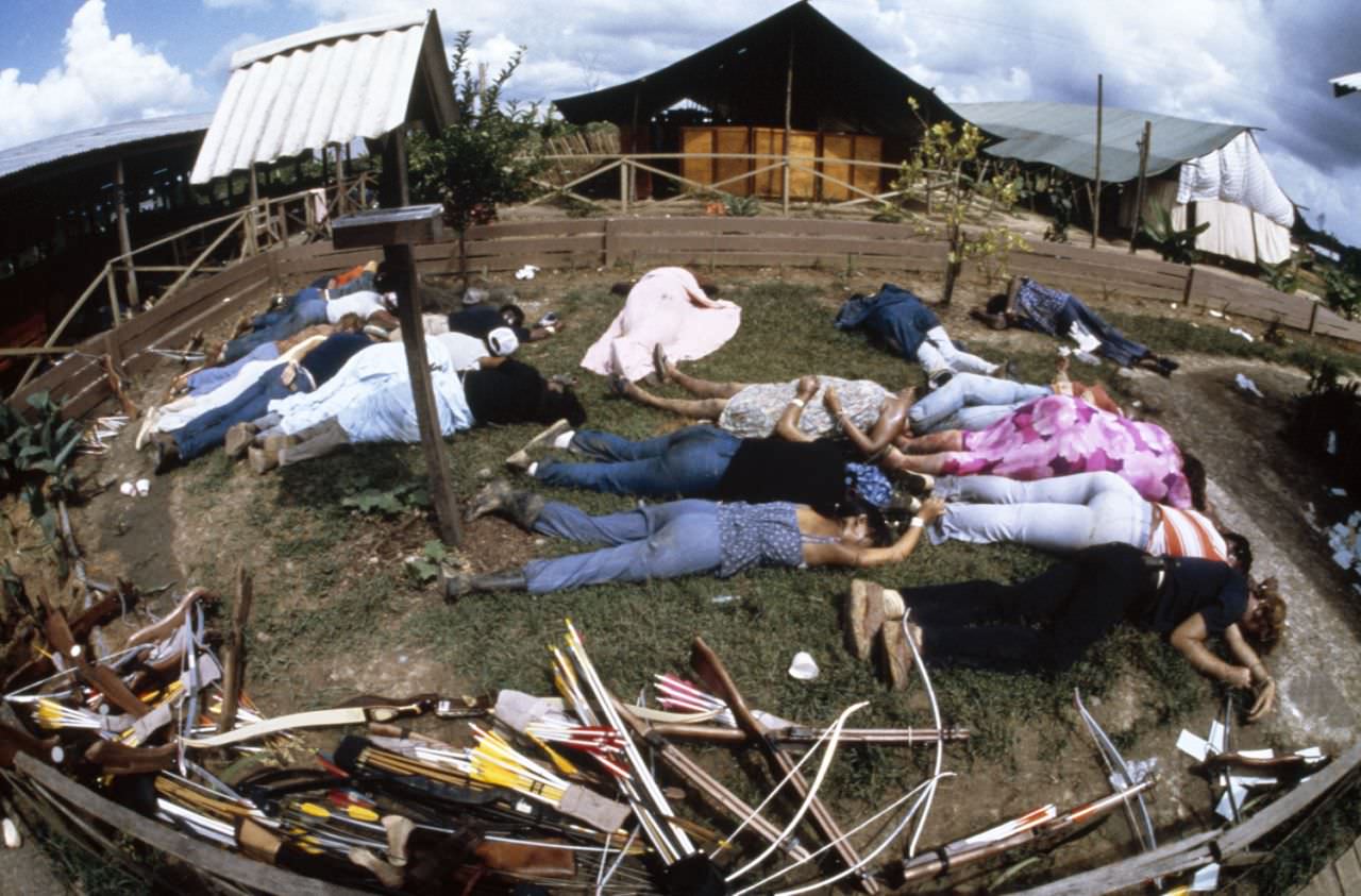 The mass suicide of the religious cult, The Peoples Temple, led by Jim Jones, Nov. 18, 1978, Jonestown, Guyana.