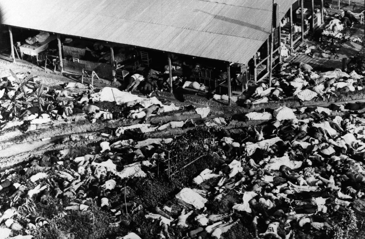 Bodies lie about a building at the People’s Temple Commune in Jonestown, Guyana, Nov. 18, 1978 after more than 400 people committed suicide in one of the decade’s worst tragedies.