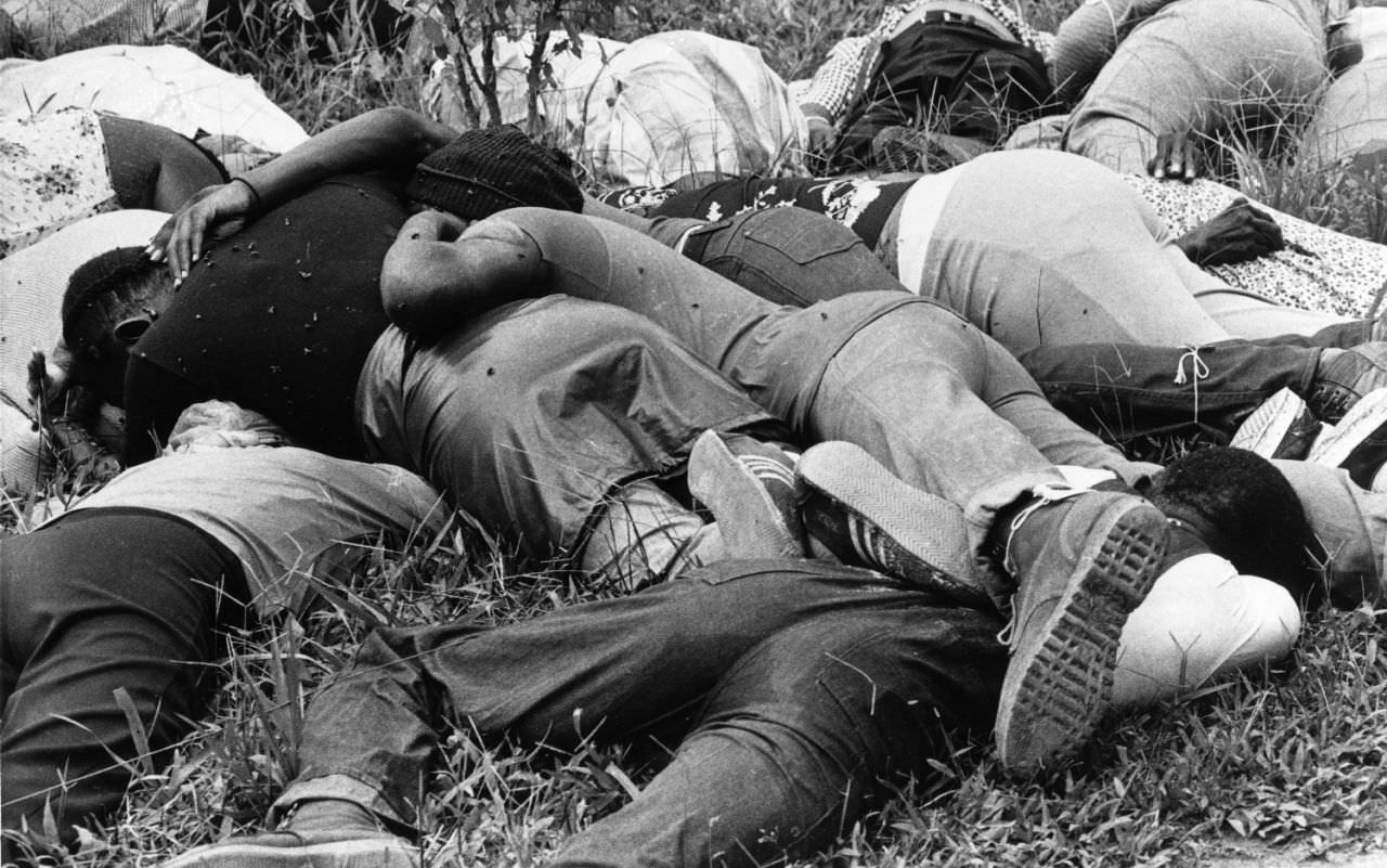 The bodies of the Jonestoen, Guyana mass-suicide victims lie face down atop one another, Nov. 18, 1978.