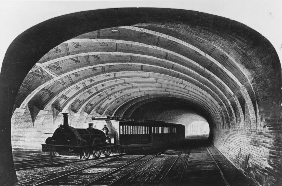 The first Metropolitan train on the underground line passing through Praed Street, London, Ca. 1863.