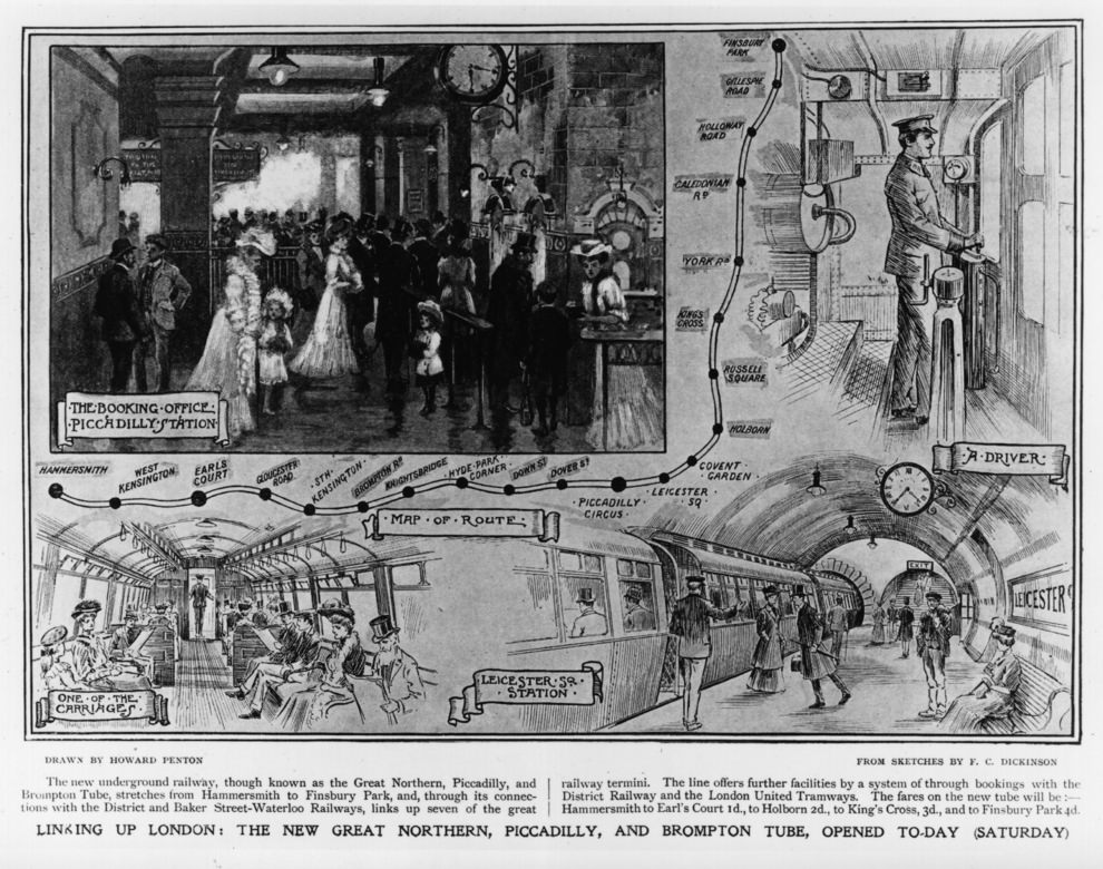 Map and illustrations showing the new Great Northern, Piccadilly and Brompton underground tube route, linking London stations from Hammersmith to Finsbury Park, 1906.